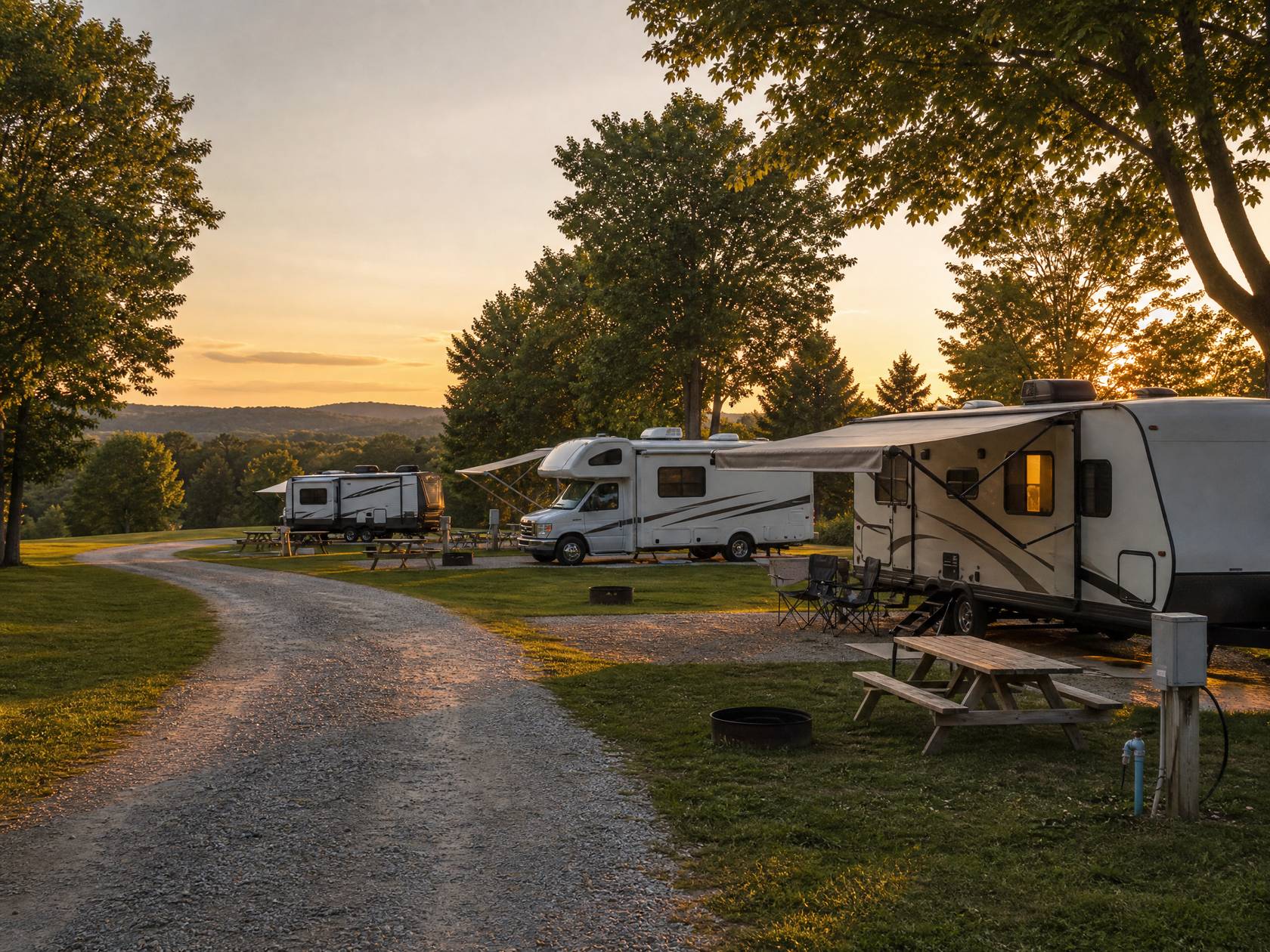 RV sites along a gravel road at golden hour, awnings out and one window lit from inside.